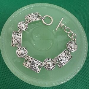 Premier Designs Bracelet Silver Plated scroll Link Toggle 7.5" Panel Rectangular